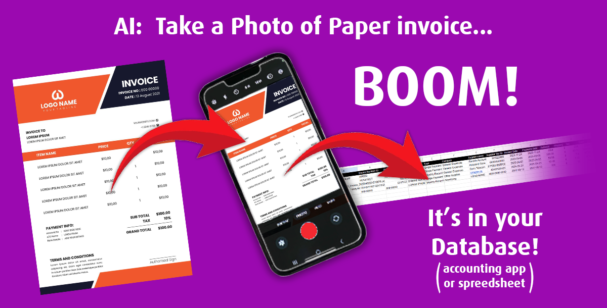 ai from invoice receipt bill take photo or file, then ai saves it to your database accounting